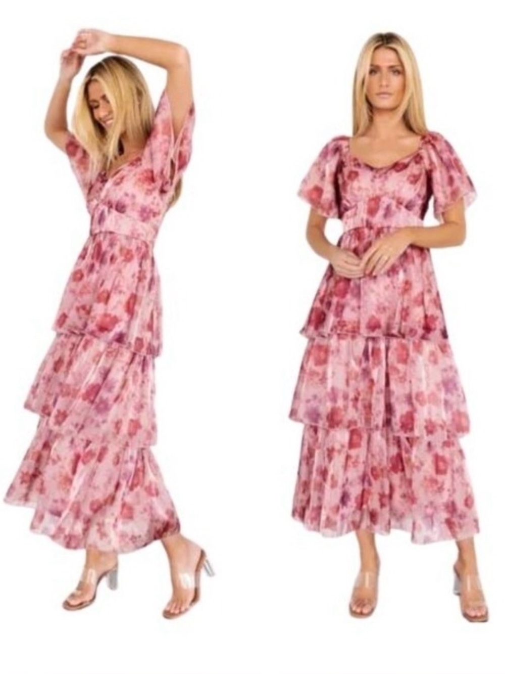 NWT Baltic Born Emeline Tiered Maxi Dress Mauve Multi Floral Flutter Sleeve M